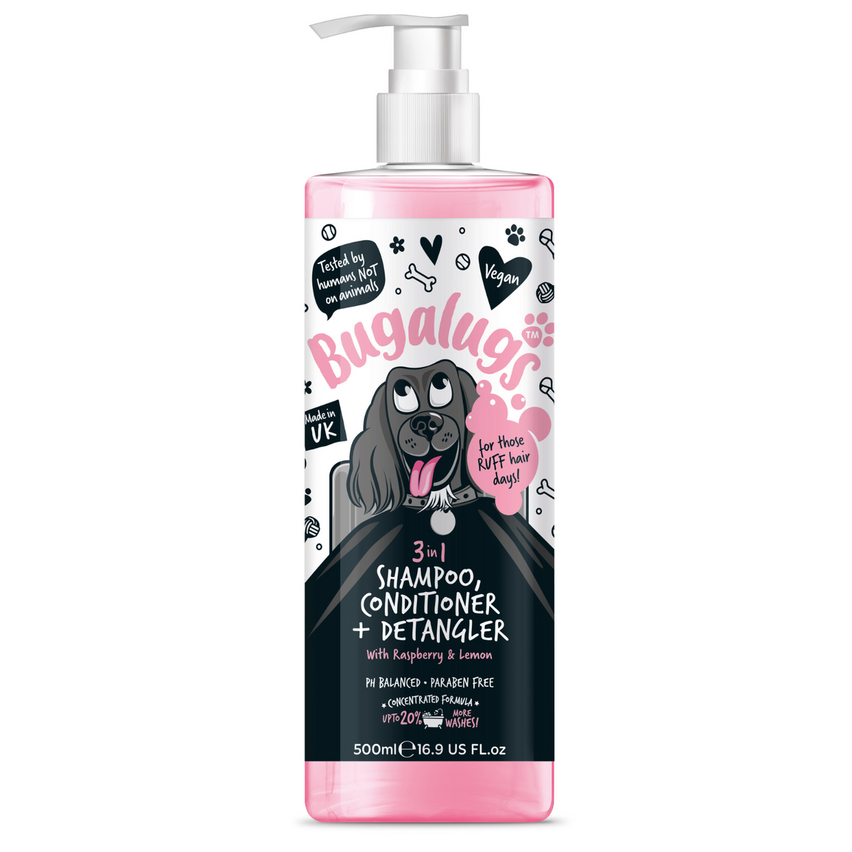 Bugalugs 3-in-1 Dog Shampoo, Conditioner & Detangler – Raspberry & Lemon (300ml)